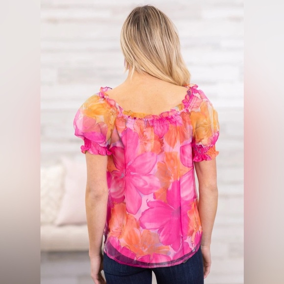 NWT summer sky off the shoulder top Sheer organza Hot Pink Floral Puff Sleeve L - Picture 2 of 10
